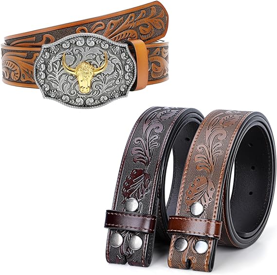 SANSTHS Western Cowgirl Belts for Women, 1 Cowboy Belt Buckle & 3 Western Belt Straps for 42"-44" Waist